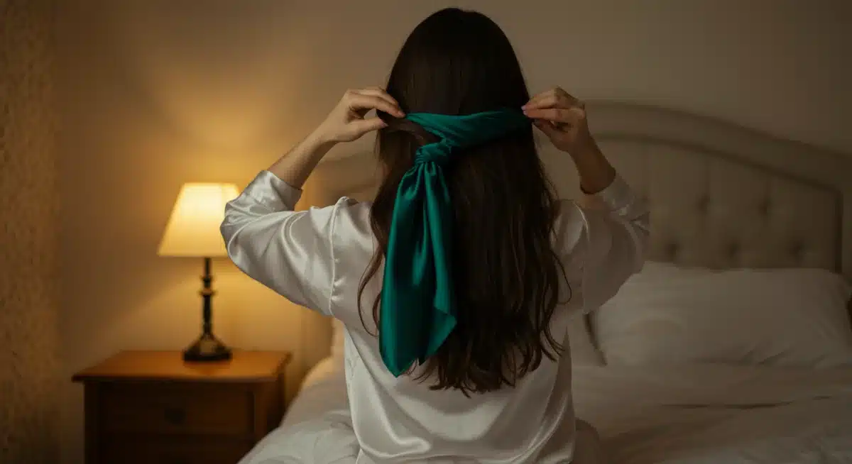 Woman protecting blowout with silk scarf at night