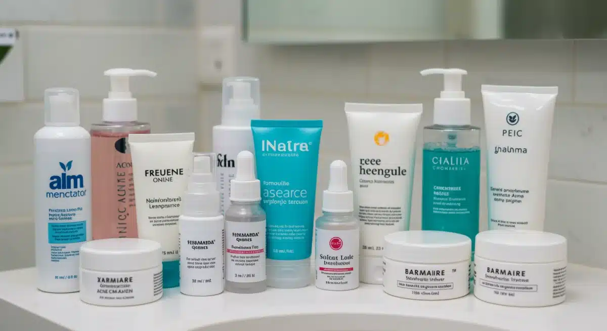 Assortment of skincare products for acne treatment on a counter