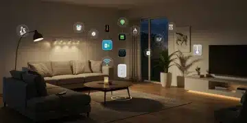 Smart home living room with Matter-compatible devices including hub, speakers, lights, and thermostat