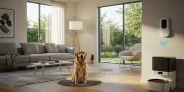 Smart home setup with pet monitoring devices in a modern living room
