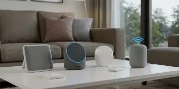 Smart home voice assistant devices including Alexa Echo, Google Nest, and Apple HomePod on a coffee table with smart lighting