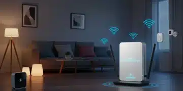 Smart home living room with WiFi 7 router and connected devices