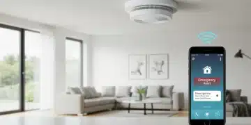Smart smoke detector with smartphone alert notification in modern home