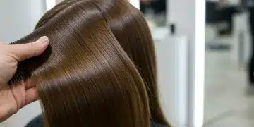 Smooth shiny straightened hair after professional treatment