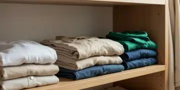 Spring capsule wardrobe essentials displayed on wooden shelving with neutral tones and quality fabrics