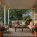 Modern spring porch decor with wooden furniture and flowering plants