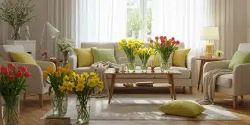 Spring transition living room with light curtains and colorful accents