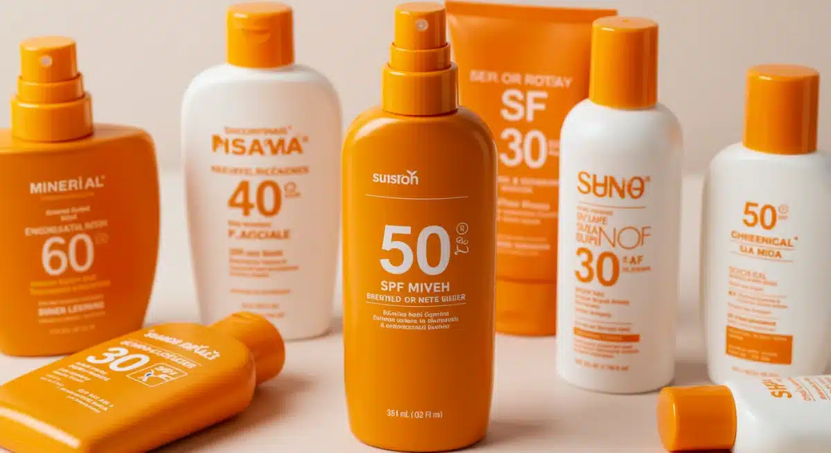 Assortment of sunscreen bottles with varying SPF levels, illustrating product choices
