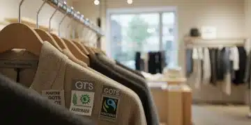 Eco-friendly clothing labels with sustainability certifications in a retail environment