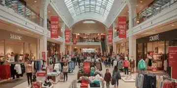 US shopping mall with fashion sale signs and discount banners