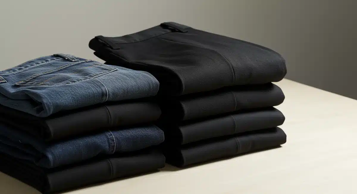 Versatile dark wash jeans and tailored black trousers for a capsule wardrobe