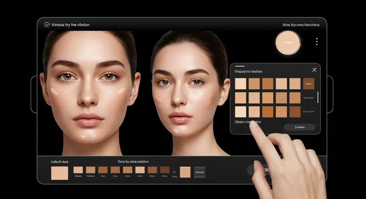 Virtual try-on foundation tool interface displaying shade matching on a woman's face.