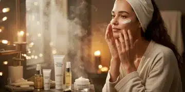 Woman applying moisturizer for winter skincare layering in the US