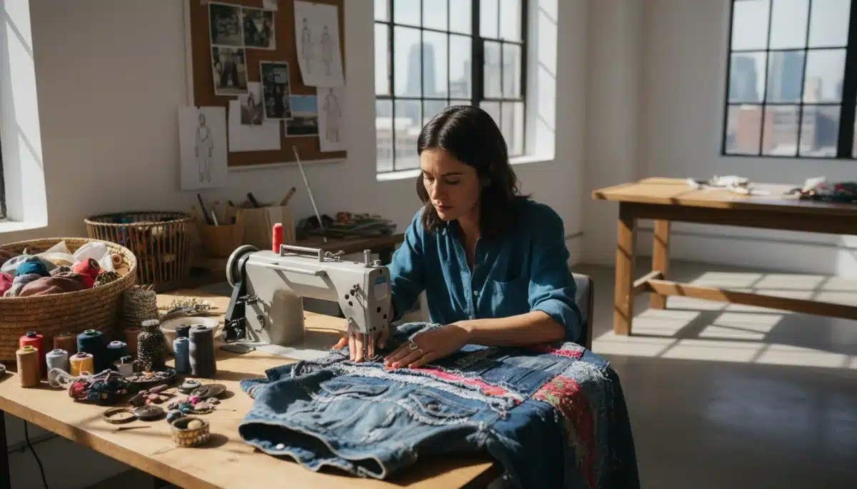 Designerin näht sorgfältig an einem Upcycling-Kleidungsstück in einem modernen Atelier in Deutschland.