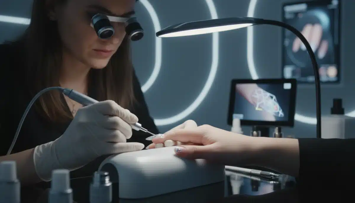 Nagelkünstlerin wendet innovative Technik für einen der Nageldesign-Trends 2026 an, Detailaufnahme der Präzision.