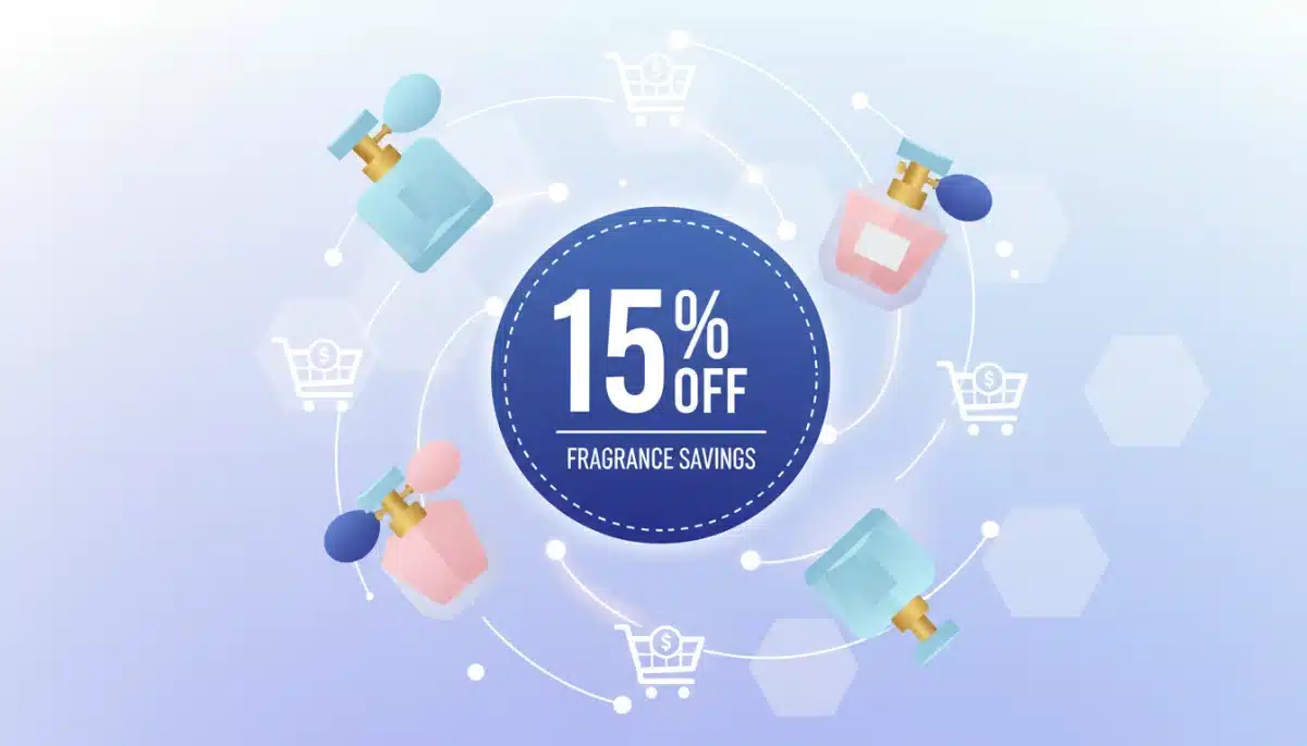 Grafik mit 15% Rabatt auf Parfum-Nachkäufe, symbolisiert durch eine elegante Rabattmarke.