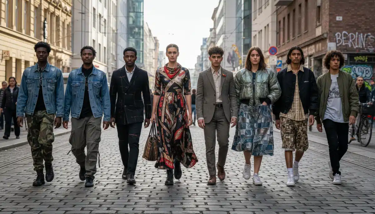 Junge Menschen in Berlin präsentieren stylische Upcycling-Outfits auf einer belebten Straße.