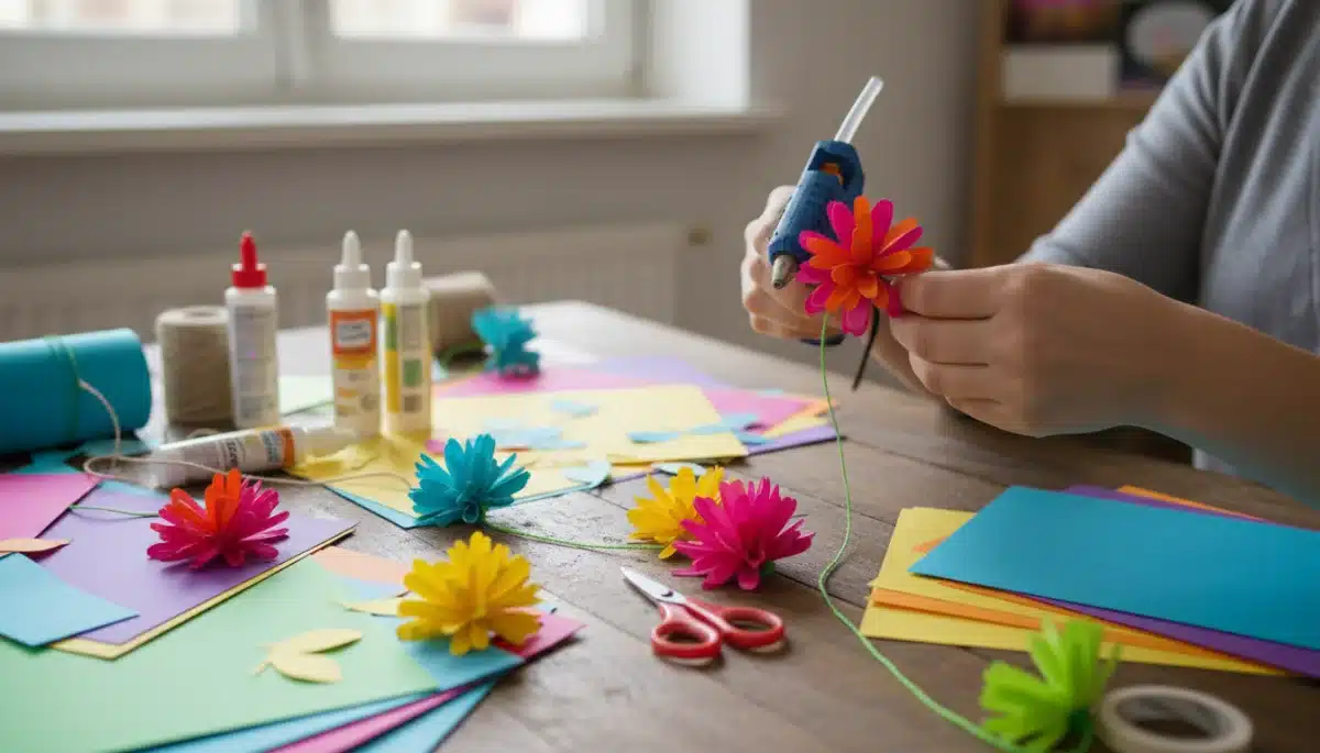 Hände basteln bunte Papierblumengirlande für den Frühling