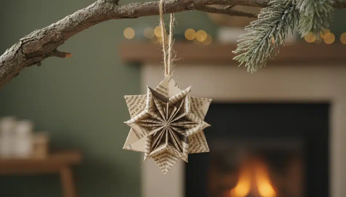 Nahaufnahme eines DIY-Weihnachtsornaments aus recyceltem Papier, ein Beispiel für nachhaltige Weihnachtsdekoration 2026.