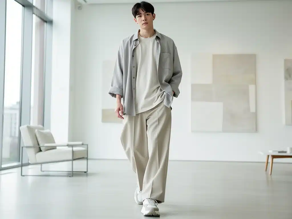 Männliches Model präsentiert entspannte Passform mit weiten Hosen und oversized Hemd.