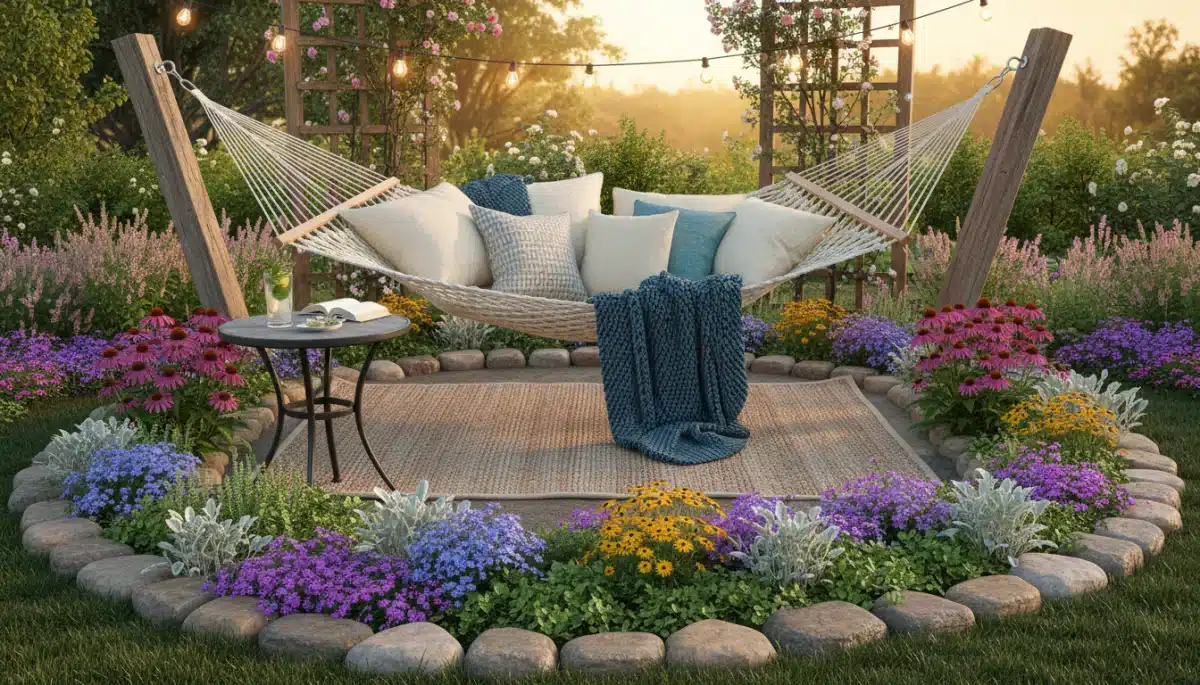 Gemütliche Gartenecke mit Hängematte, Kissen und pflegeleichten Pflanzen für entspannte Stunden im Freien.