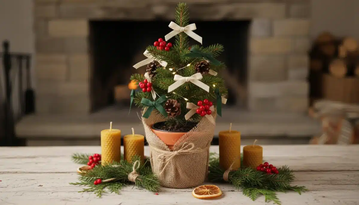 Kleiner lebender Weihnachtsbaum mit selbstgemachten Naturmaterialien, ein umweltbewusstes Element der nachhaltigen Weihnachtsdekoration 2026.