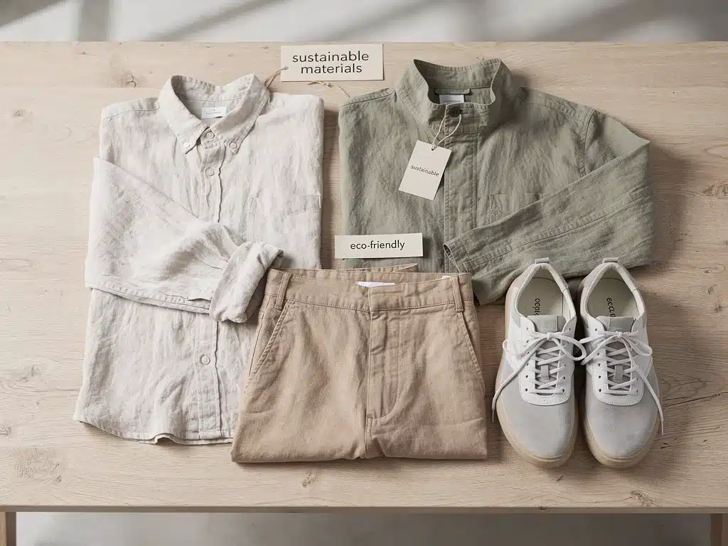 Auswahl an nachhaltiger Herrenmode aus Bio-Baumwolle und recycelten Materialien.