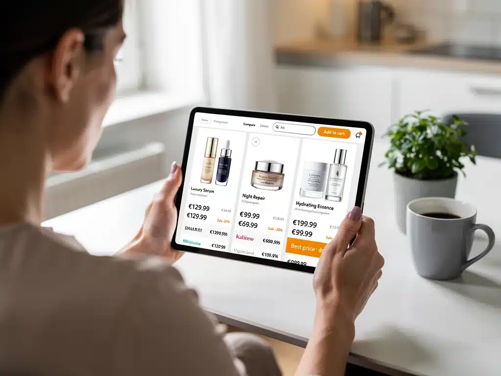 Deutsche Konsumentin vergleicht Preise für Luxus-Hautpflege online, um bis zu 30% zu sparen.