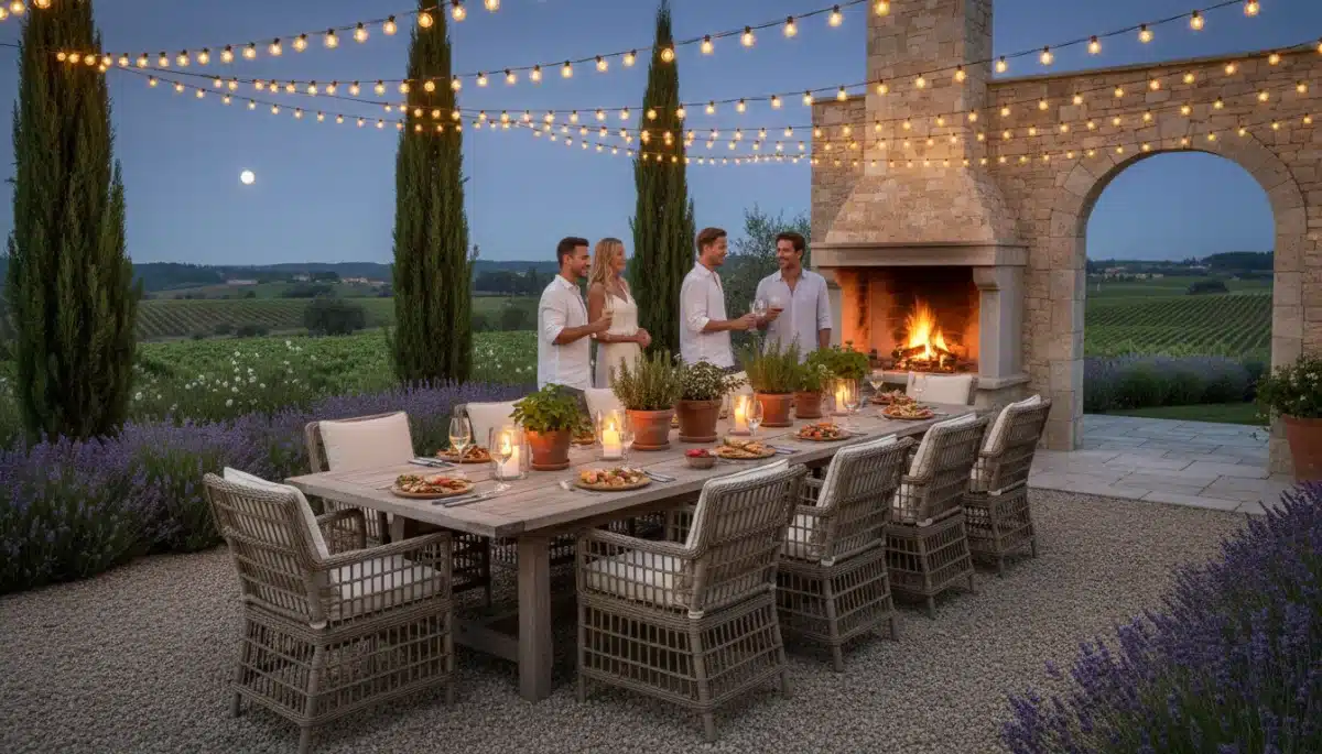 Eleganter Outdoor-Essbereich mit Holztisch, Lichterketten und Kräutertöpfen, perfekt für Sommerabende.
