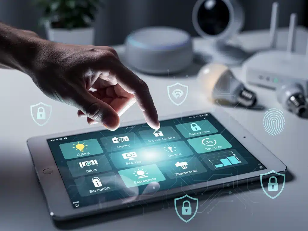 Person konfiguriert Datenschutzeinstellungen auf einem Tablet für Smart-Home-Geräte