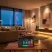 Modernes Smart Home Wohnzimmer mit intelligenter Beleuchtung und Tablet-Steuerung