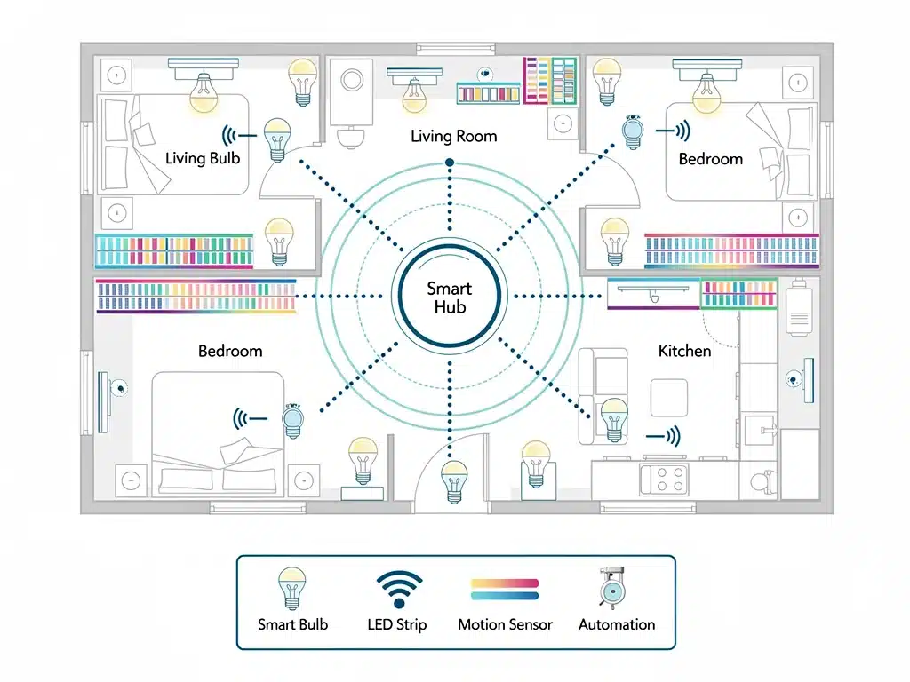 Infografik: Smart-Home-Beleuchtungsnetzwerk mit zentraler Steuerung