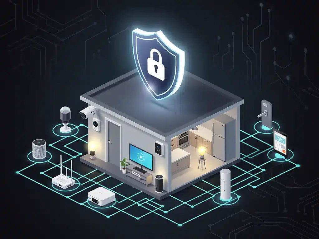 Sicheres Netzwerk von Smart-Home-Geräten mit Datenschutz-Symbol
