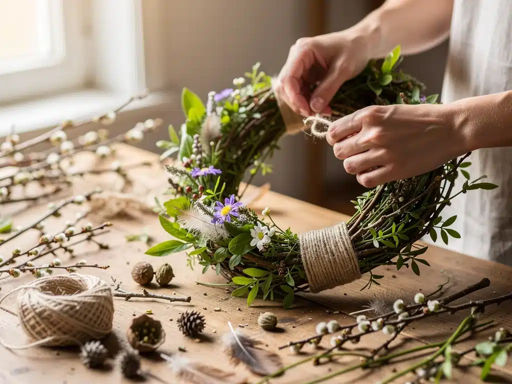 Eine Person bastelt Frühlingsdekorationen aus Naturmaterialien wie Ästen und Blättern, umweltfreundlich und kreativ.
