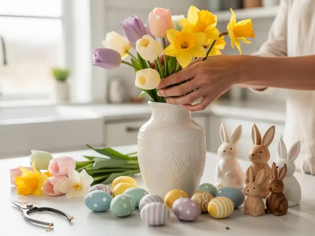 Hände arrangieren Frühlingsblumen und Ostereier für ein DIY-Tischgesteck