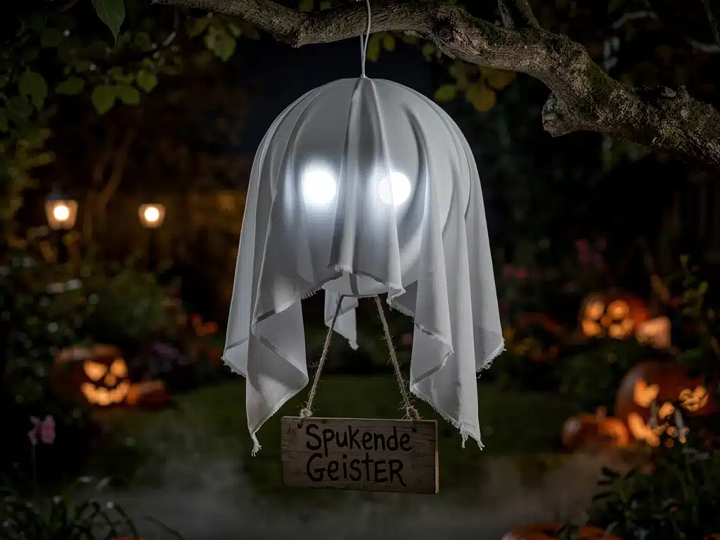 Nahaufnahme einer DIY Spukende Geister Dekoration für Halloween.