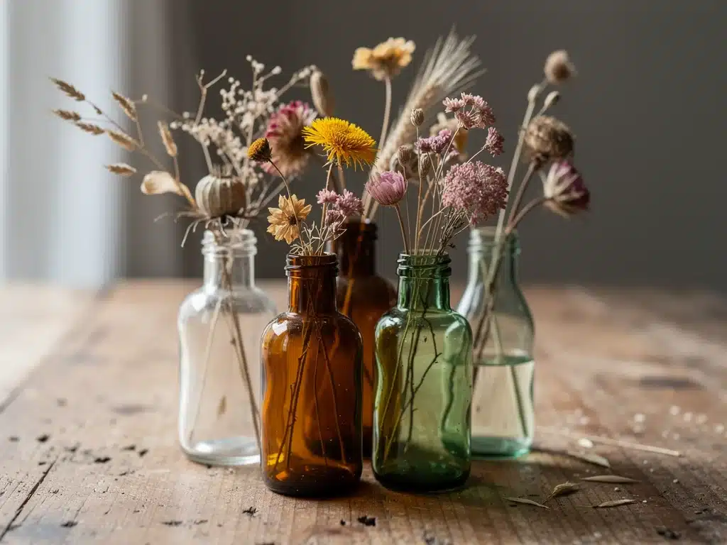 Nahaufnahme einer DIY-Blumendekoration aus Trockenblumen und recycelten Glasflaschen als Teil einer umweltfreundlichen Frühlingsdekoration.