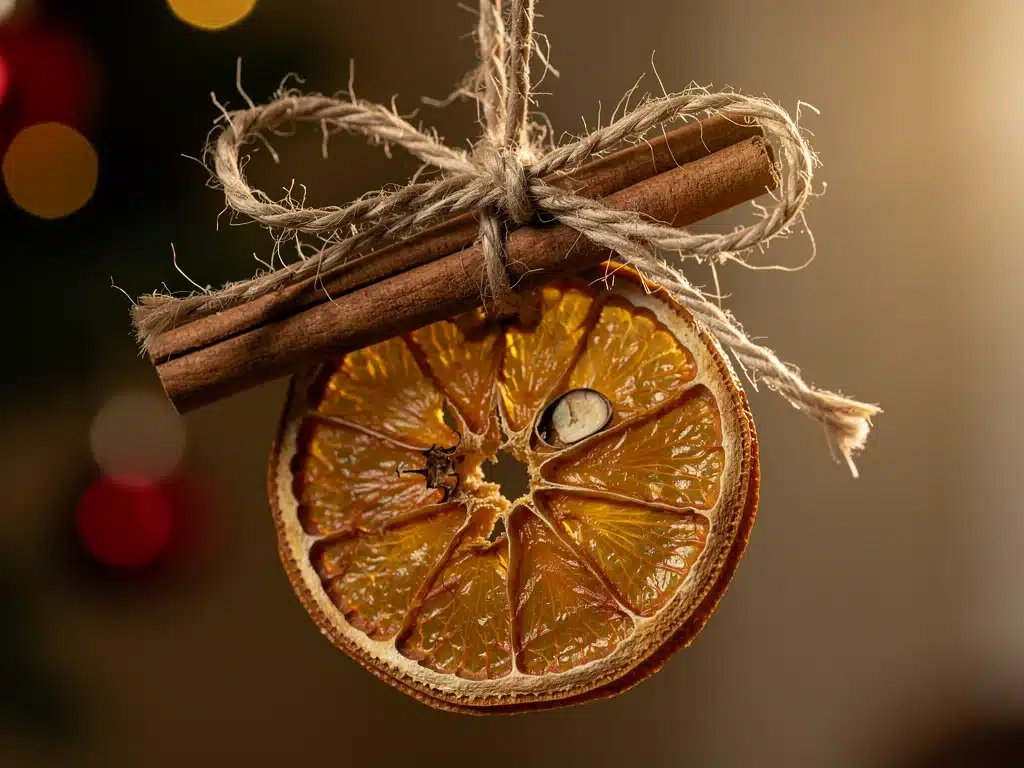Nahaufnahme eines selbstgemachten Weihnachtsschmucks aus Naturmaterialien