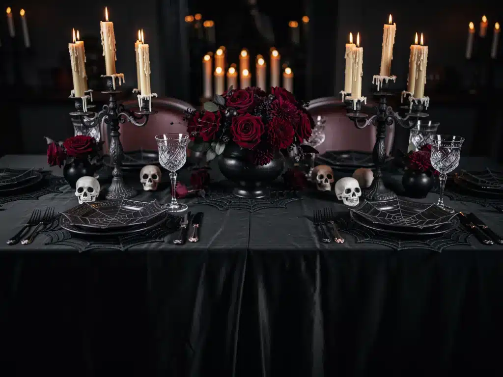 Elegante Halloween-Tischdekoration mit schwarzen Kerzenleuchtern und Spinnenweben.