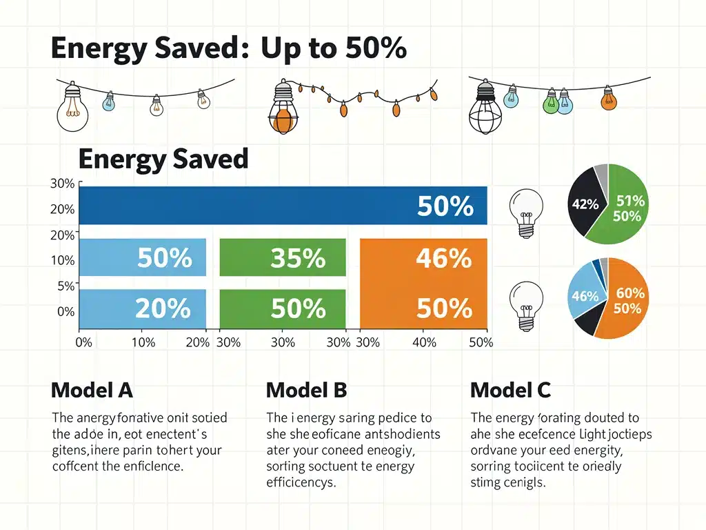 Infografik zum Energieverbrauch und Einsparungen der drei effizientesten Lichterkettenmodelle 2026.