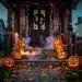 Gruselige und stilvolle Halloween-Veranda-Dekoration mit leuchtenden Kürbissen und Nebel.