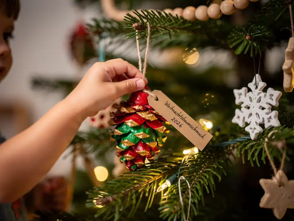 Kind schmückt Weihnachtsbaum mit selbstbemaltem Tannenzapfen