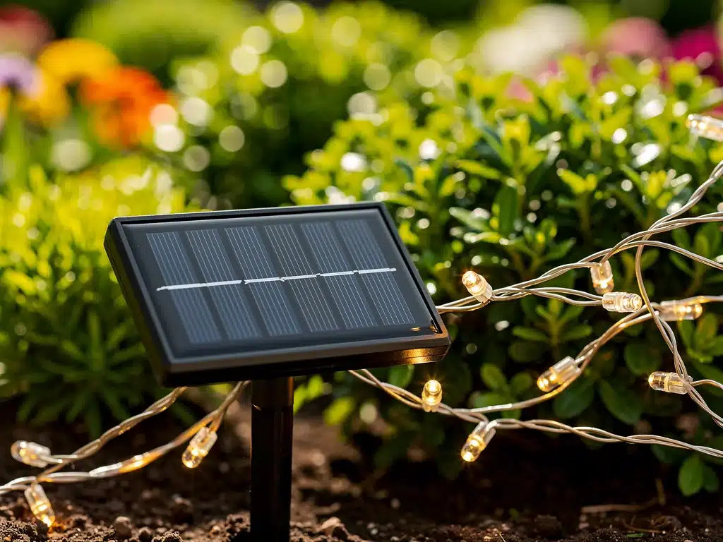 Nahaufnahme einer solarbetriebenen LED-Lichterkette mit Solarmodul im Tageslichtgarten.