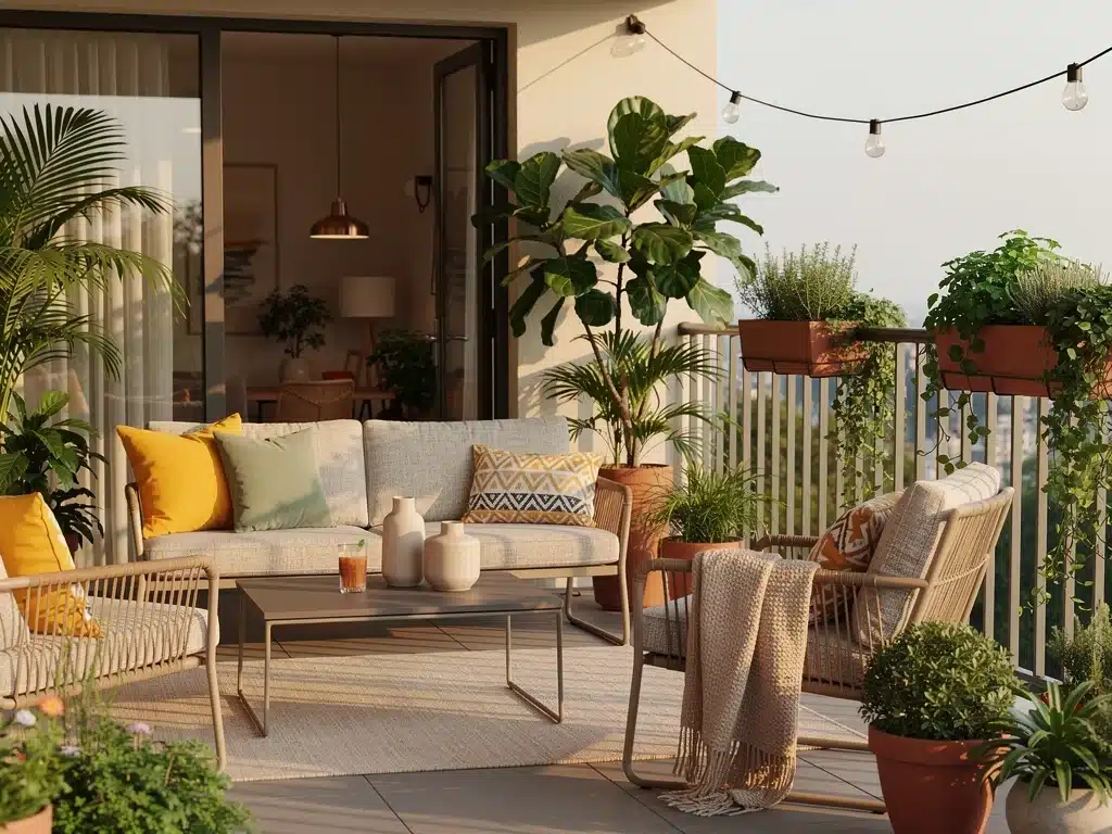 Eine modern eingerichtete Terrasse mit Möbeln und Accessoires in den neuesten Farben für die Sommerdekoration 2026, umgeben von Pflanzen.
