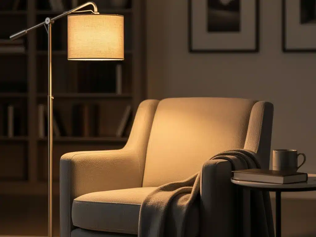 Moderne Stehlampe beleuchtet Leseecke im Wohnzimmer