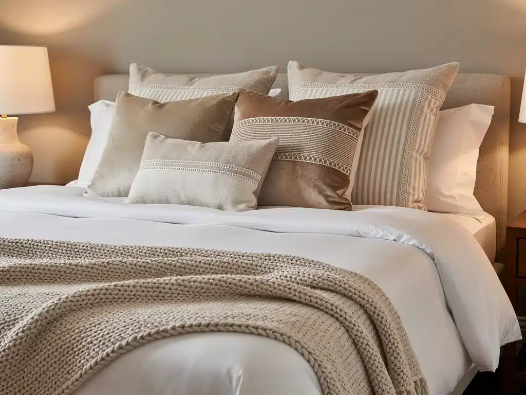 Ein stilvolles Schlafzimmer mit aufeinander abgestimmten Kissen und einer Decke, die Gemütlichkeit ausstrahlen.