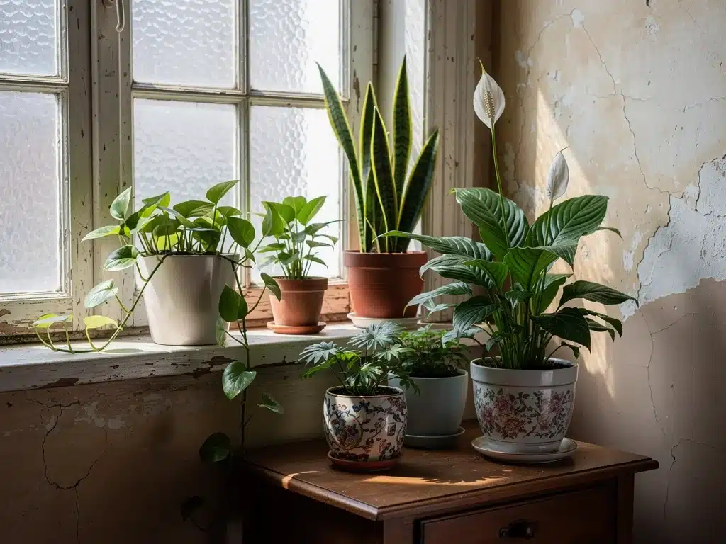 Zimmerpflanzen-Arrangement für besseres Raumklima im Altbau